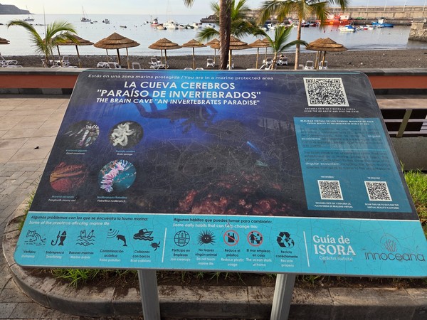 Interpretive panel about La Cueva Cerebros dive site, describing invertebrates and conservation.