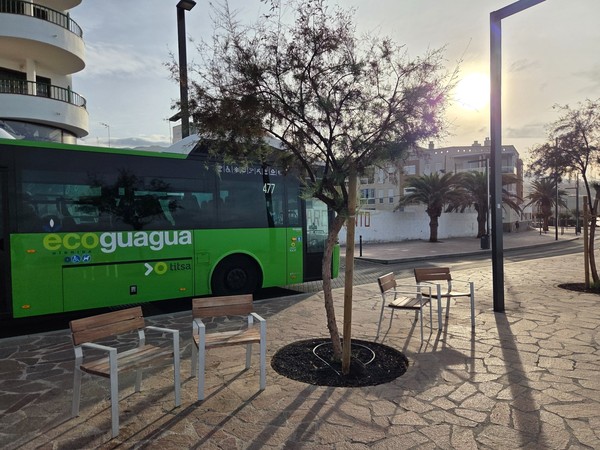 Green TITSA eco-guagua bus stopping by the promenade in Playa San Juan.