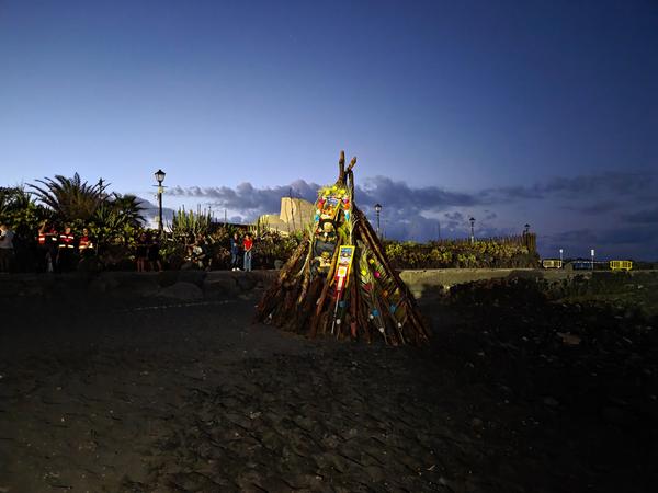 The main bonfire decorated and ready to be lit during the San Juan night celebration.