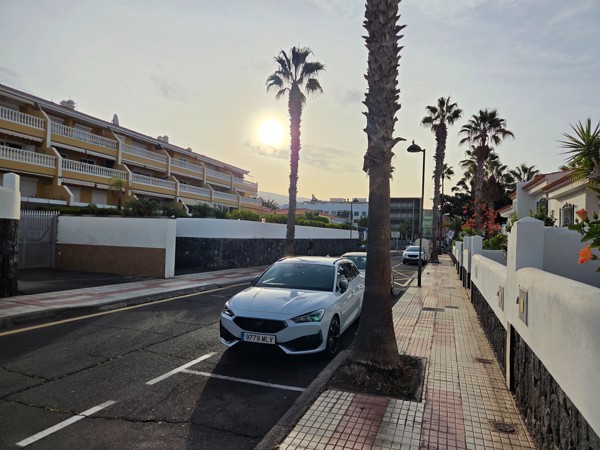 Row of palms and townhouses along a quiet residential lane in Playa San Juan.