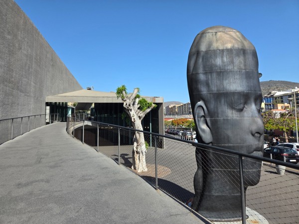 Massive modern sculpture of a serene head beside the TEA arts and library complex in Santa Cruz.
